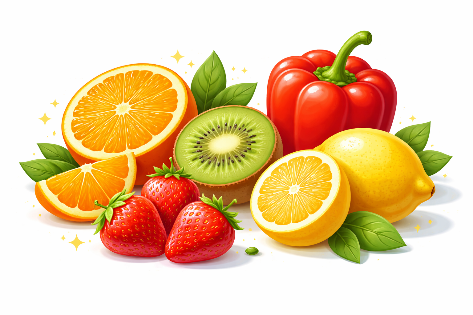 Vitamina C para qué sirve - Alimentos ricos en vitamina C: naranja, kiwi, fresas, pimiento rojo y limón