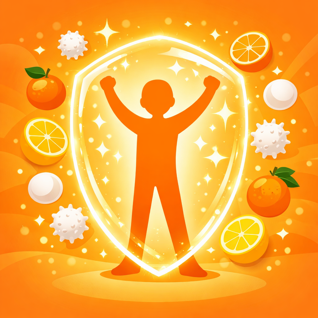Vitamina C para qué sirve - Silueta humana protegida por escudo luminoso rodeada de frutas cítricas representando el sistema inmune fortalecido por vitamina C