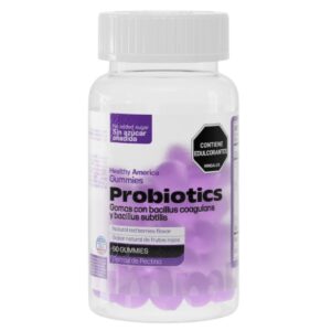 Probioticos Gomitas 60 Gummy Healthy America con Bacillus coagulans y Bacillus subtilis 5 mil millones UFC sabor frutos rojos frasco x 60 gomitas suplemento para flora intestinal registro INVIMA RSA-0033836-2024