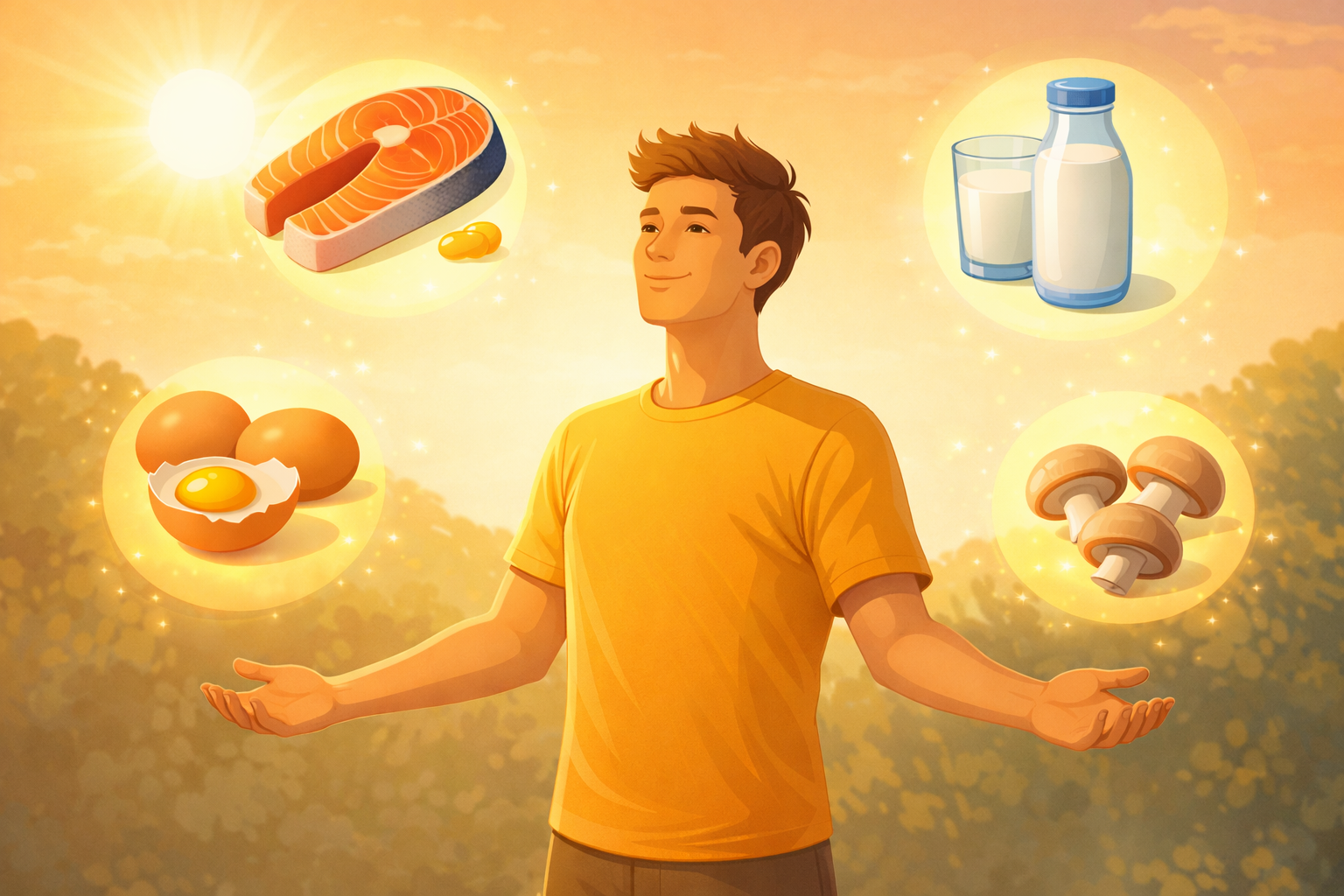 Vitamina D para qué sirve - Persona tomando sol rodeada de alimentos ricos en vitamina D como salmón, huevos y hongos
