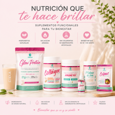 Productos Ciela Nutrition con proteína, colágeno, creatina, melena de león, citrato de magnesio y suplementos naturales para apoyar el bienestar integral.