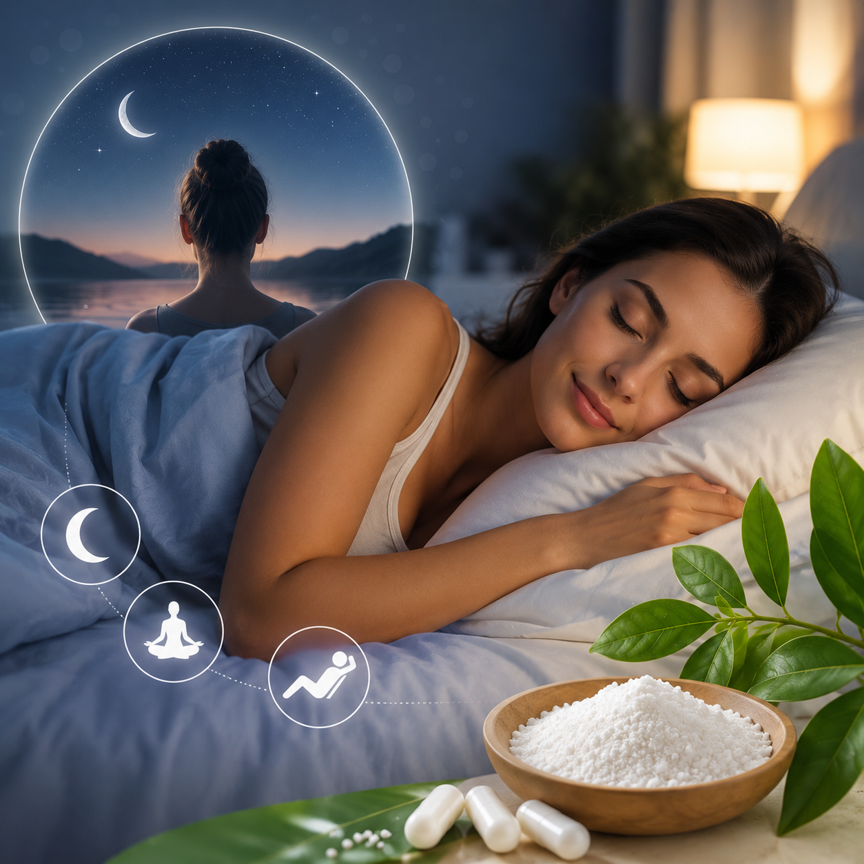 Citrato de Magnesio: Sueño Mujer durmiendo con círculo de ensueño y cápsulas naturales