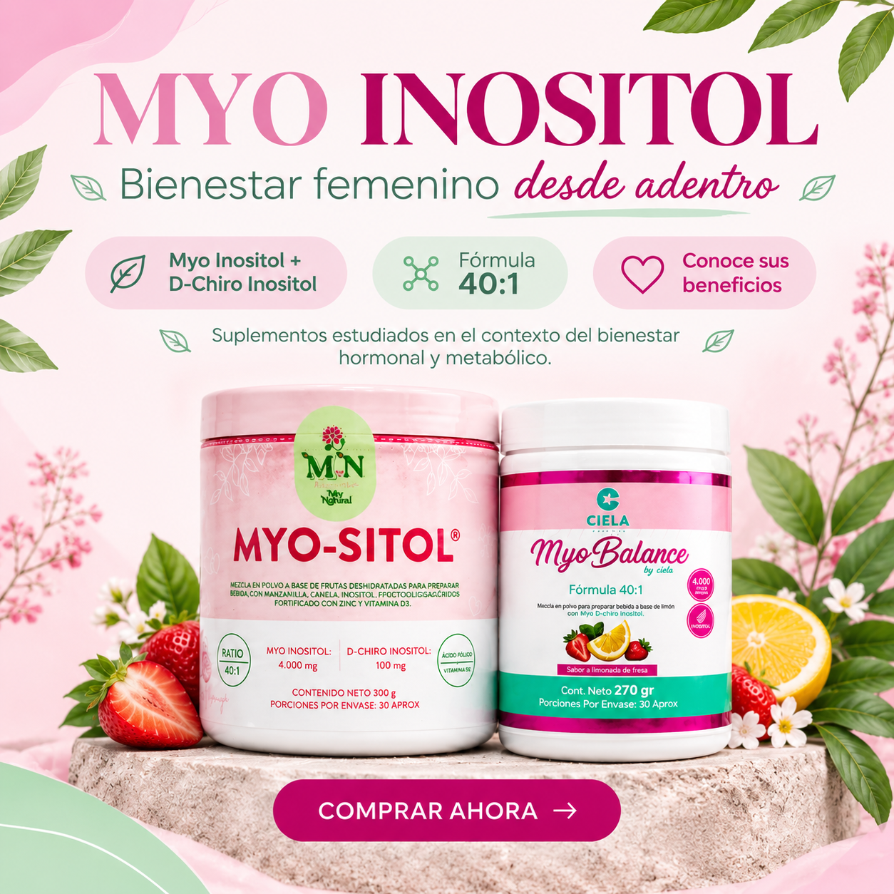 Alimento nutracéutico en polvo con 4.000 mg reales de Myo & D-Chiro Inositol por porción, en relación 40:1, la proporción con mayor respaldo científico. Una formulación integral desarrollada para acompañar el bienestar hormonal femenino, apoyar el equilibrio metabólico y brindar soporte a la mujer en las diferentes etapas de su vida.