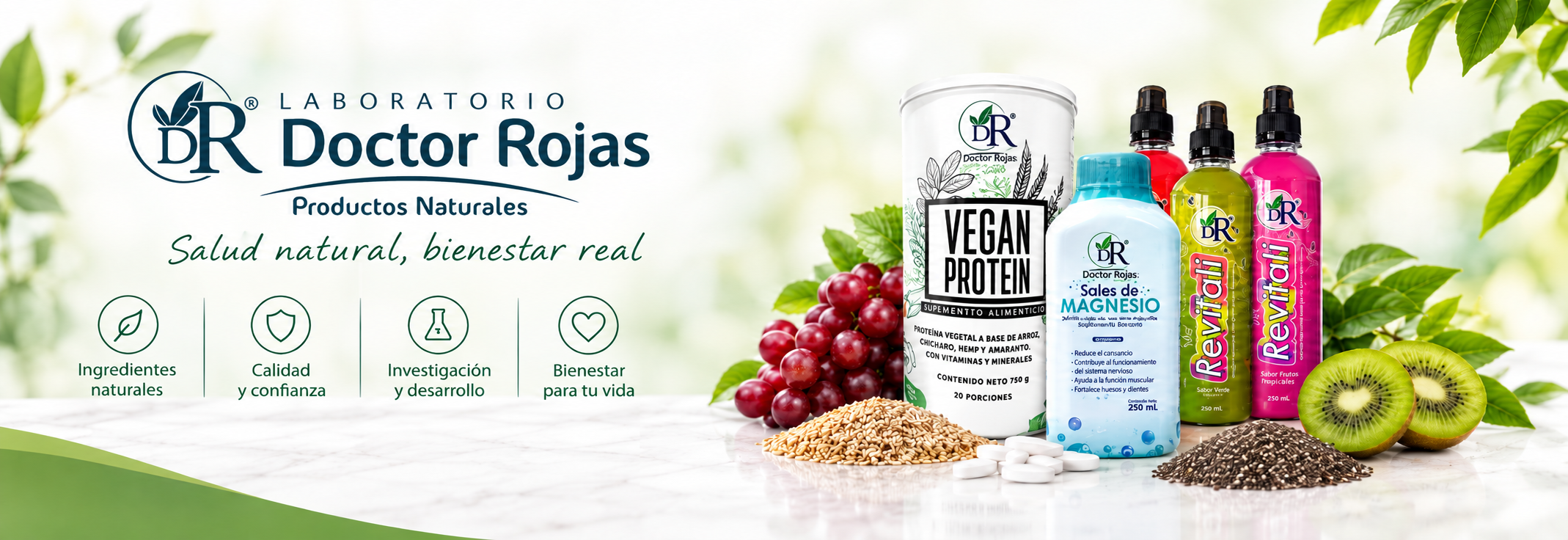 Banner principal Doctor Rojas con suplementos naturales, proteína vegana, omega 3, magnesio y medicina integrativa.